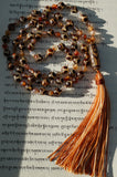 Full view of Turtle Agate Mala with 8mm Turtle Agate beads , light brown, opaque beads with dark brown "shell-like" designs and 6mm starcut Madagascar Dendritic Agate beads, opaque stones in shades of milky white, orange, yellow, brown and gray.  The  Six-Eye Dzi Agate guru brings this design full circle with a variegated brown tassel spilling from the base of the bead.