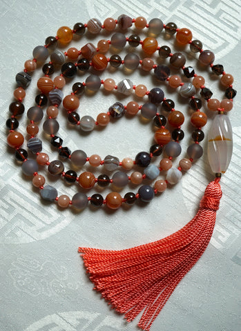 Agate, Smoky Quartz, and Chalcedony Mala