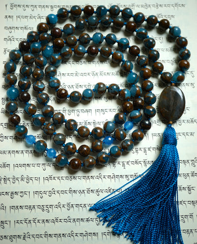 Blue Mosaic Quartz and Bronzite Mala