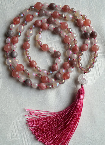 Pink Tourmaline and Agate Mala