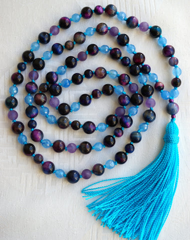 Rainbow Tiger Eye, Amethyst, and Aqua Jade Mala